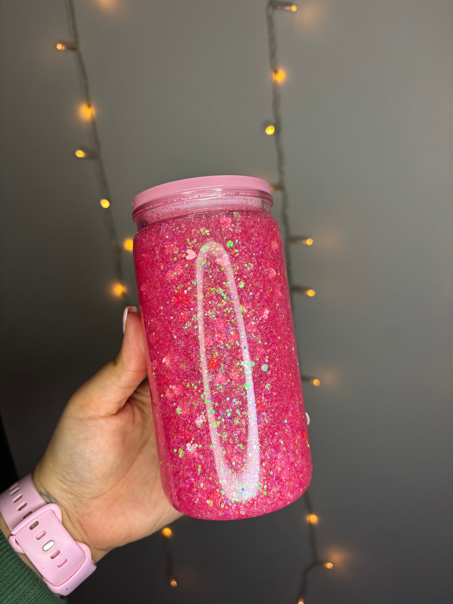 16oz Pink Heart Snow Globe Tumbler